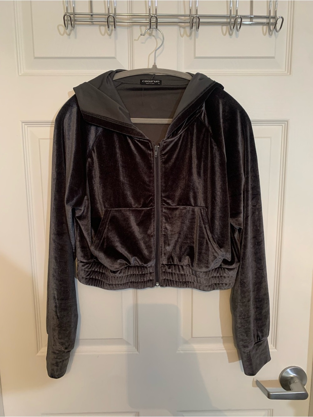 Velvet Zip-Up Hoodie Jacket in Black